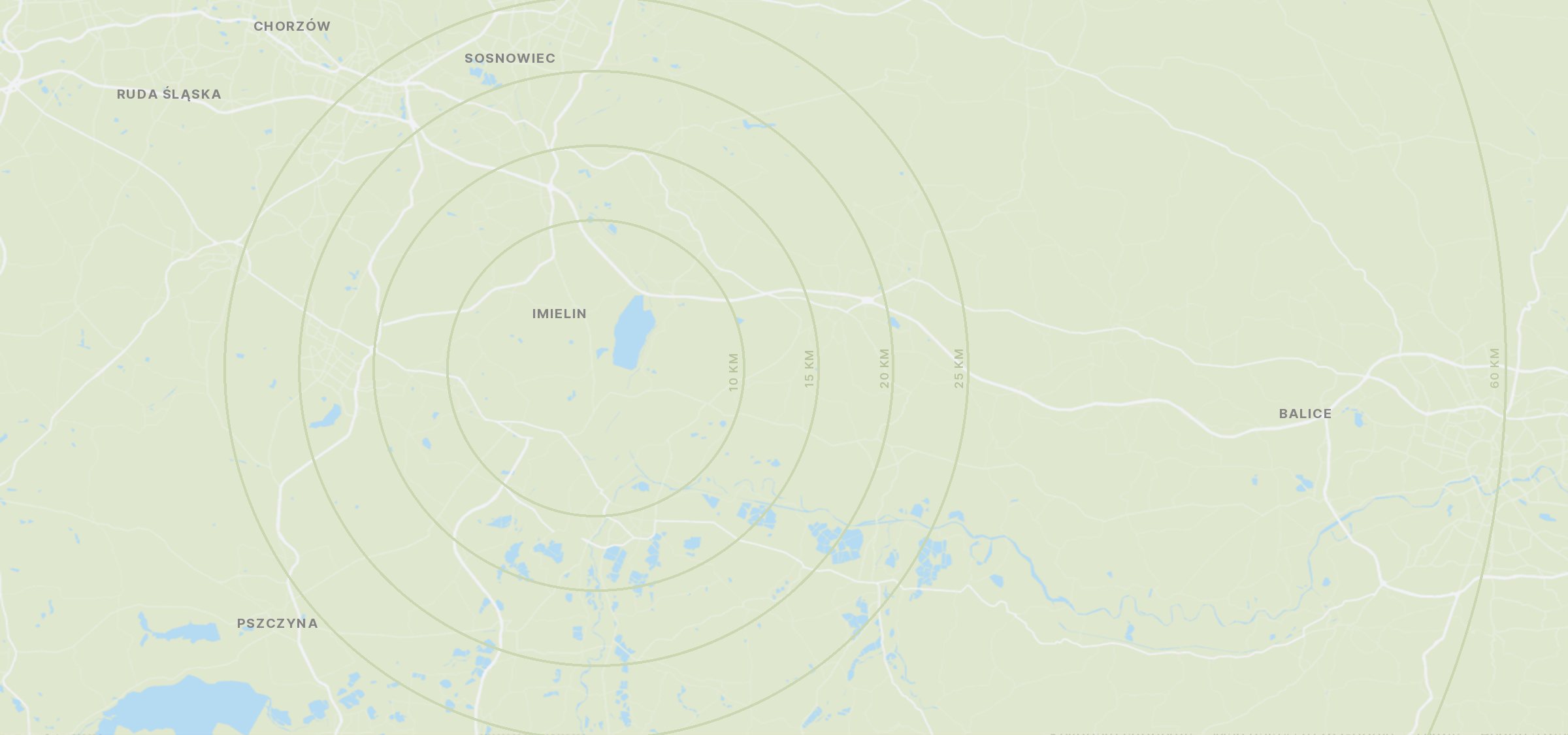 Mapa okolicy z okręgami 10, 15, 20, 25 i 60 km wokół osiedla Palkowe Zacisze